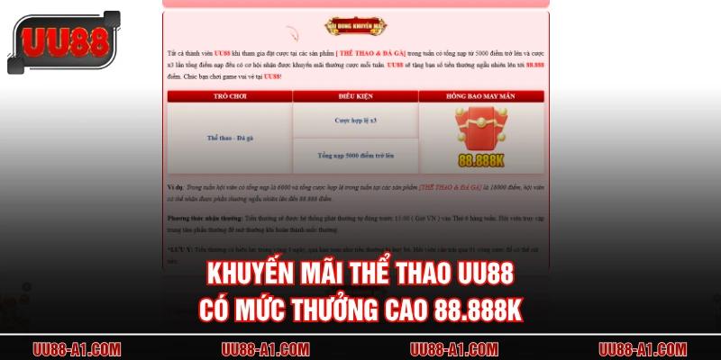 Khuyến mãi thể thao UU88 có mức thưởng cao 88.888K